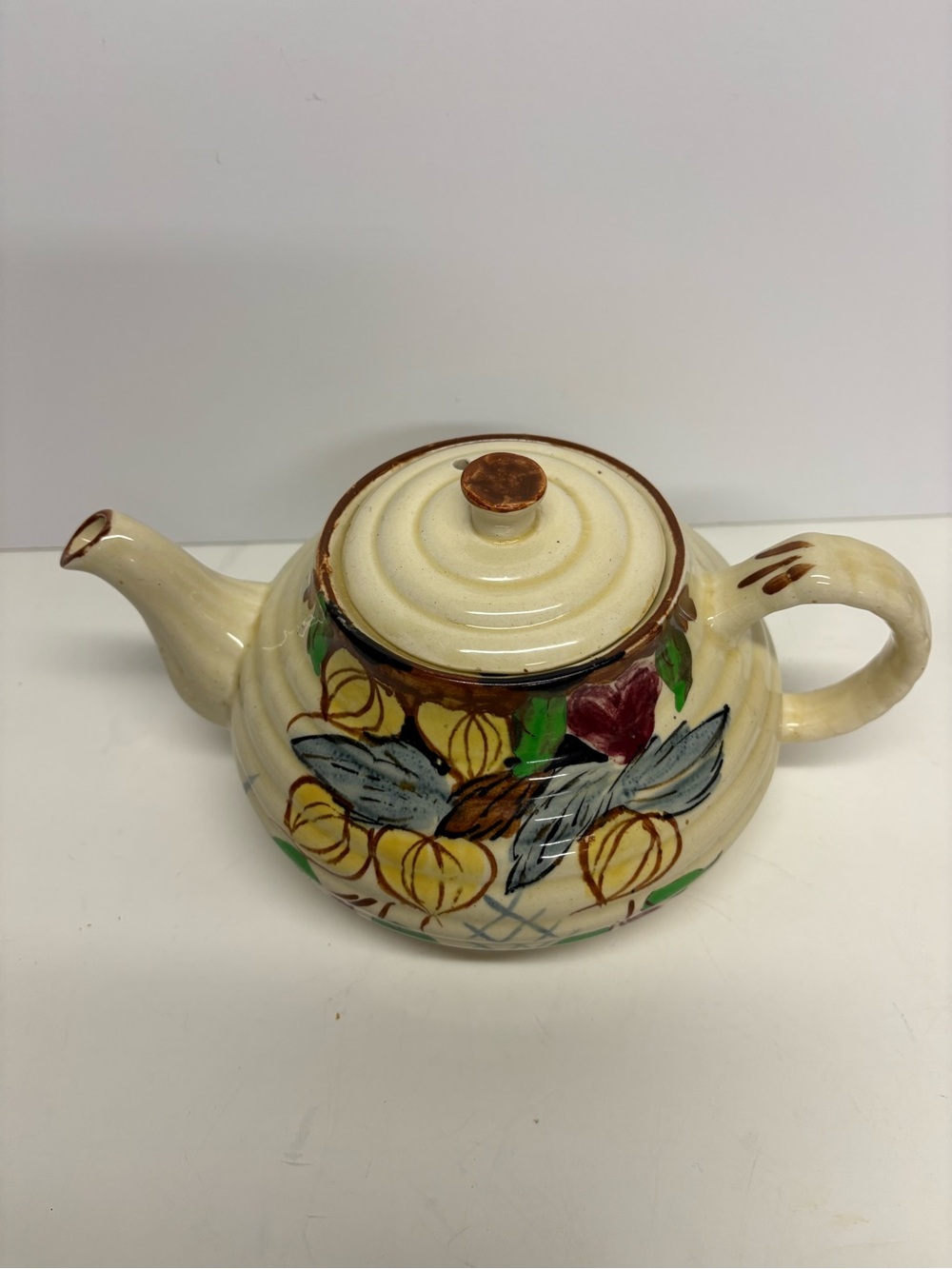 Hand-Painted Ceramic Teapot in Cream with Floral Motif England Folk Pottery